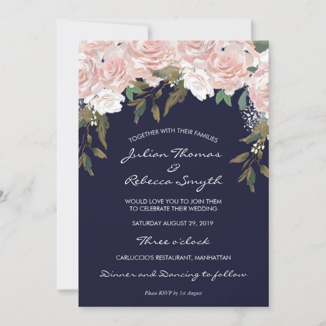 Invitation Mariage floral et verdoyant rose marine (Devant)