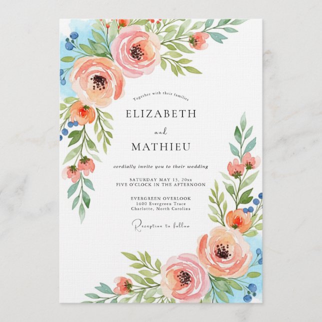 Invitation Mariage Floral Éthéré Abricot (Devant)