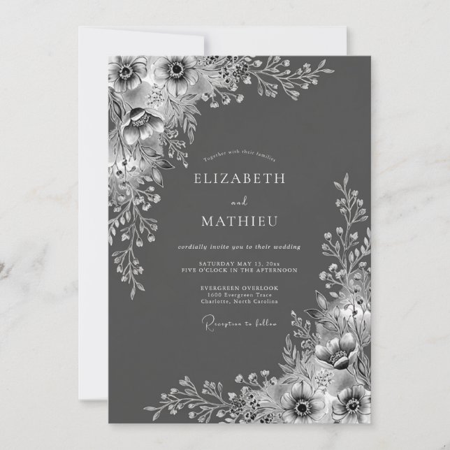 Invitation Mariage Floral Éthéré au Charbon (Devant)