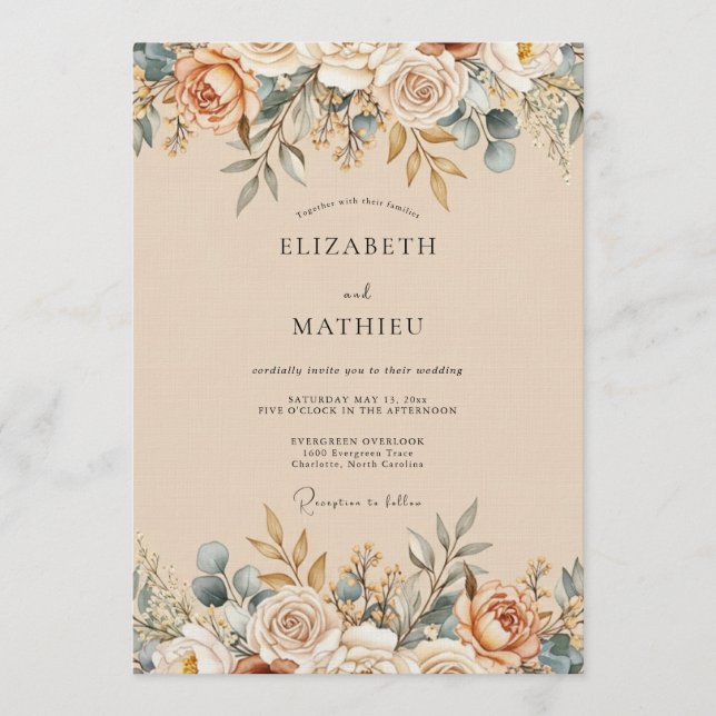 Invitation Mariage Floral Éthéré aux Pêches (Devant)