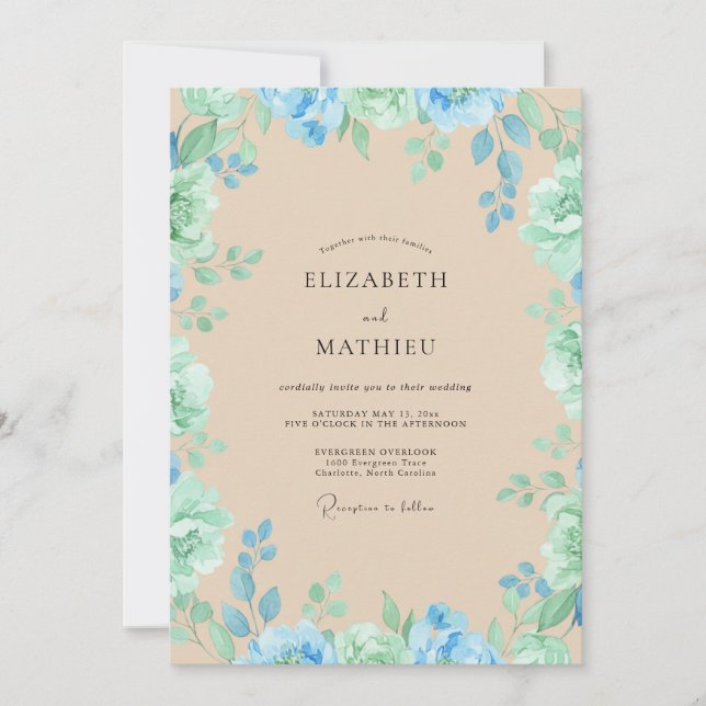 Invitation Mariage Floral Éthéré aux Teintes de Mousse de Mer (Devant)