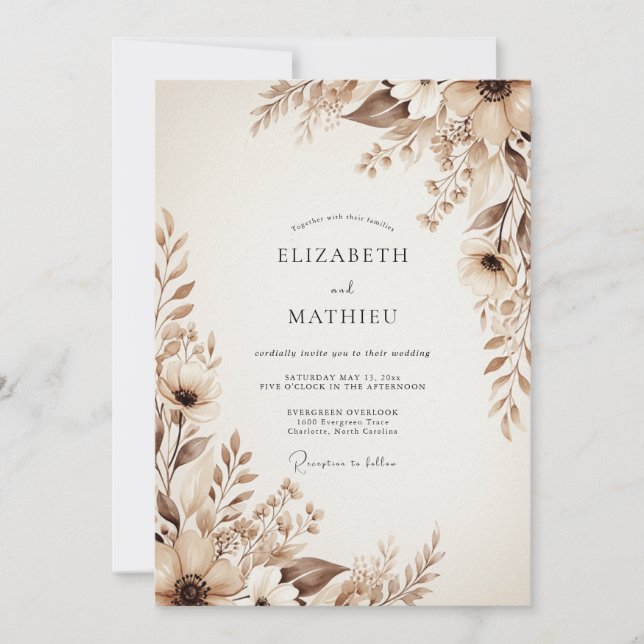 Invitation Mariage Floral Éthéré Beige (Devant)