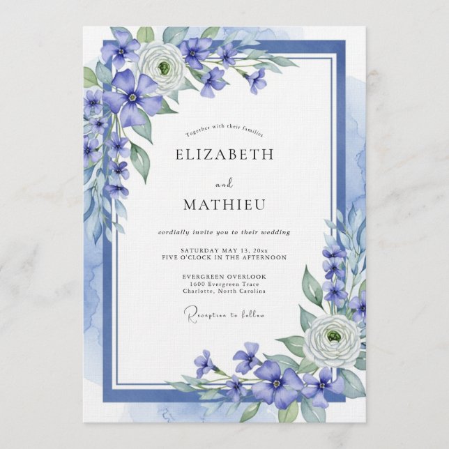 Invitation Mariage Floral Éthéré Bleu (Devant)