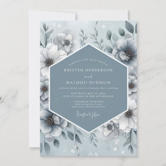 Invitation Mariage Floral Éthéré Bleu Acier (Devant)