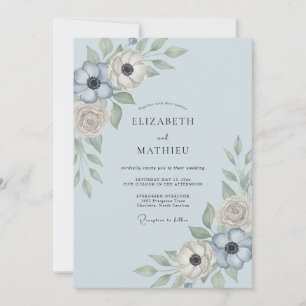Invitation Mariage Floral Ethéré Bleu Acier