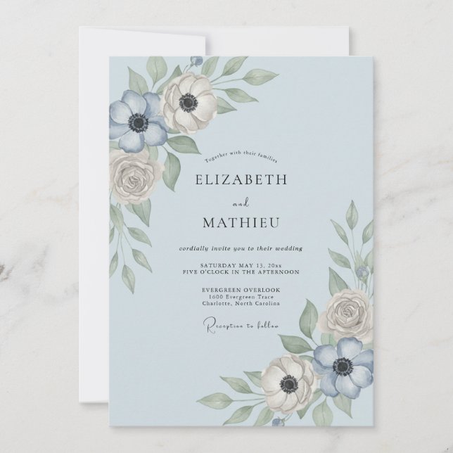 Invitation Mariage Floral Ethéré Bleu Acier (Devant)