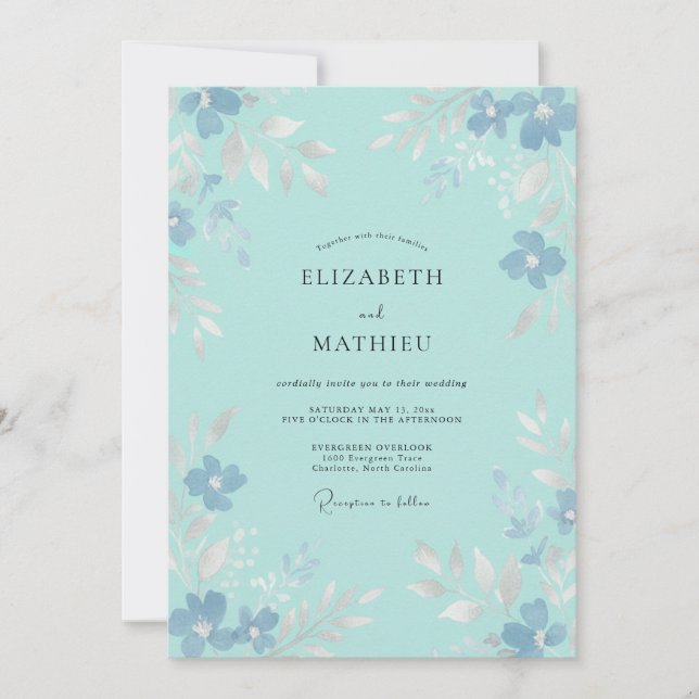 Invitation Mariage Floral Éthéré Bleu Aqua (Devant)