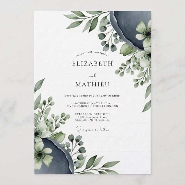 Invitation Mariage Floral Éthéré Bleu Ardoise (Devant)