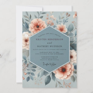 Invitation Mariage Floral Éthéré Bleu Ardoise