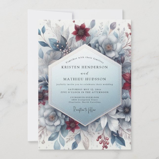 Invitation Mariage Floral Éthéré Bleu Bourgogne (Devant)