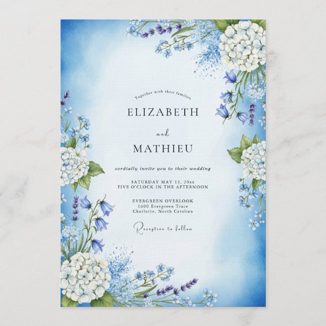 Invitation Mariage Floral Éthéré Bleu Ciel (Devant)