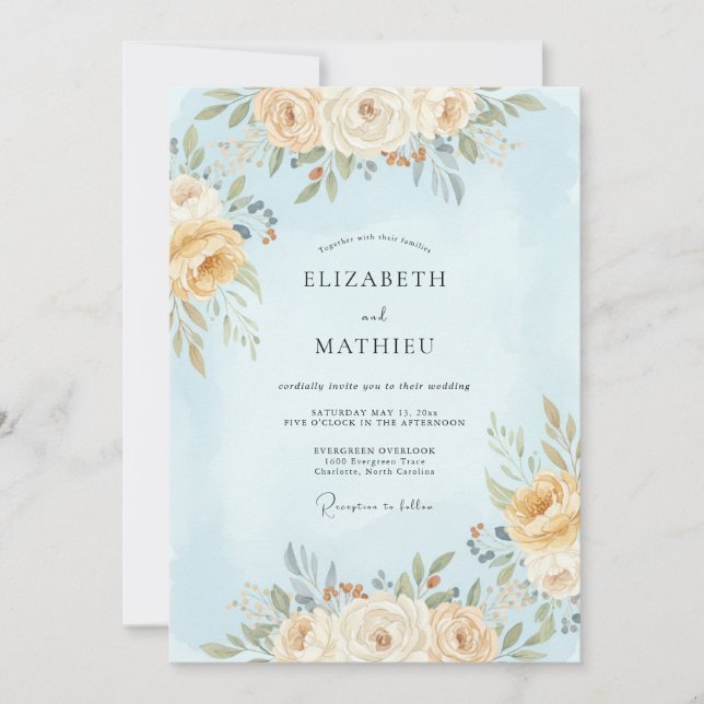 Invitation Mariage Floral Éthéré Bleu Clair (Devant)