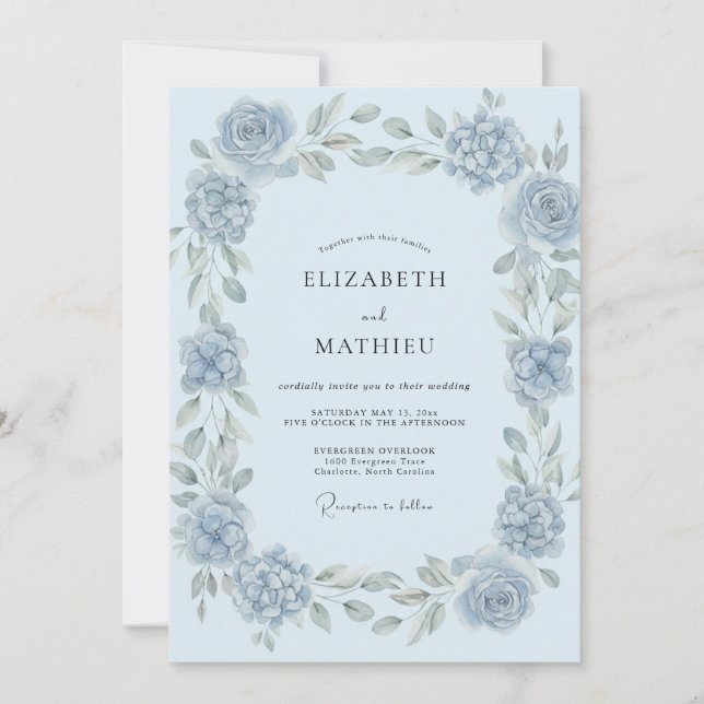 Invitation Mariage Floral Éthéré Bleu Glacé (Devant)