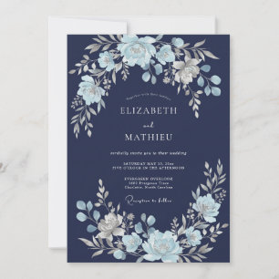 Invitation Mariage Floral Éthéré Bleu Marine