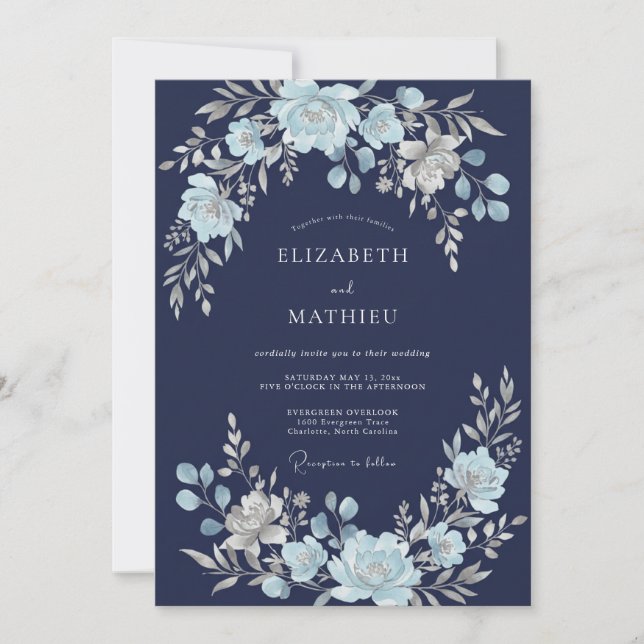 Invitation Mariage Floral Éthéré Bleu Marine (Devant)
