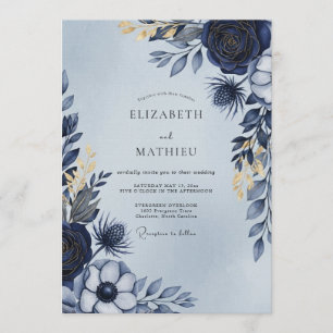 Invitation Mariage Floral Éthéré Bleu Marine