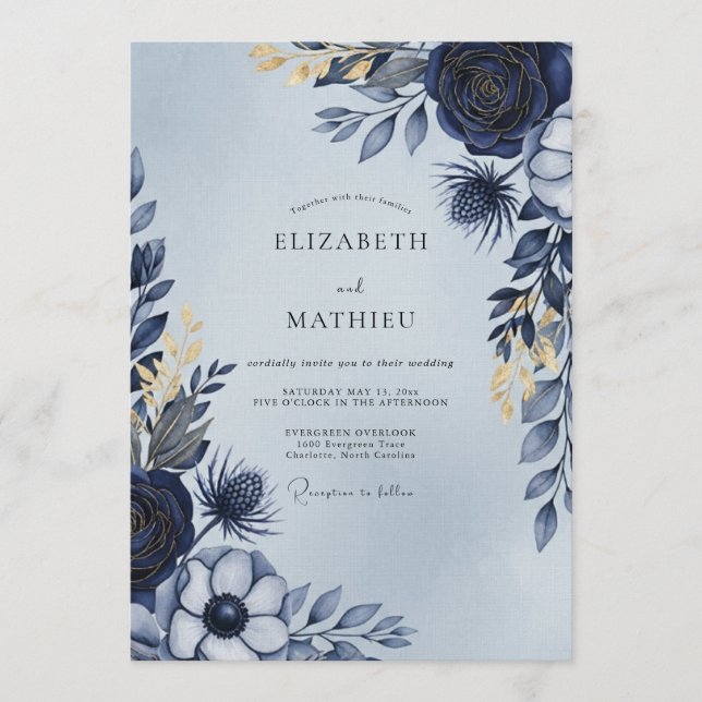 Invitation Mariage Floral Éthéré Bleu Marine (Devant)