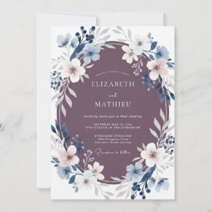 Invitation Mariage Floral Éthéré Bleu Mauve