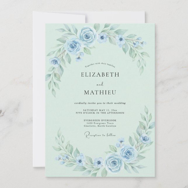 Invitation Mariage Floral Ethéré Bleu Menthe (Devant)