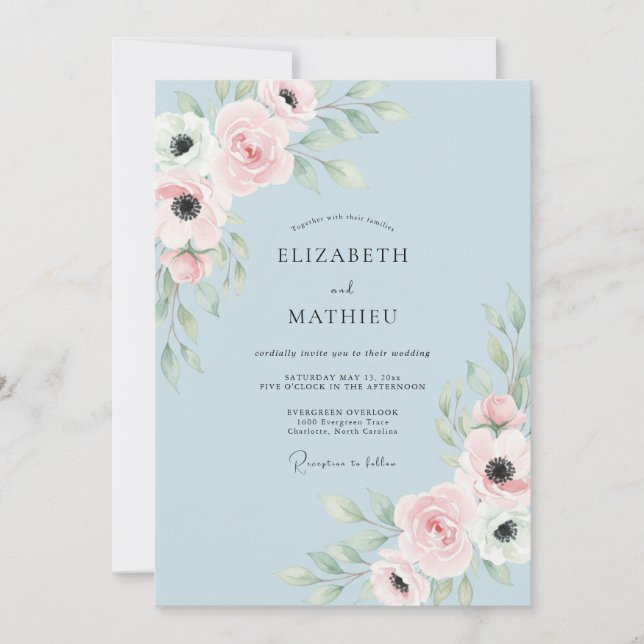 Invitation Mariage Floral Éthéré Bleu Poudre (Devant)