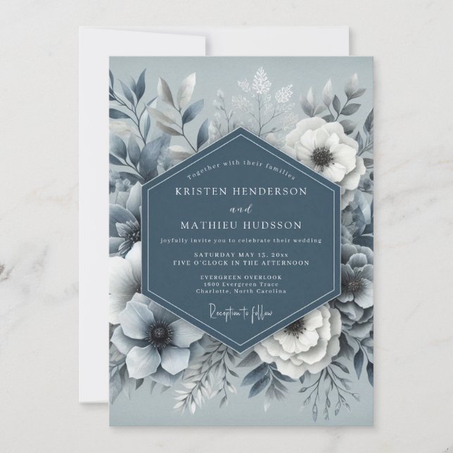 Invitation Mariage Floral Éthéré Bleu Poussiéreux (Devant)
