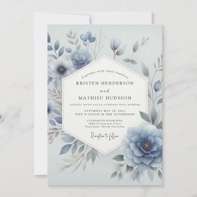 Invitation Mariage Floral Éthéré Bleu Poussiéreux (Devant)