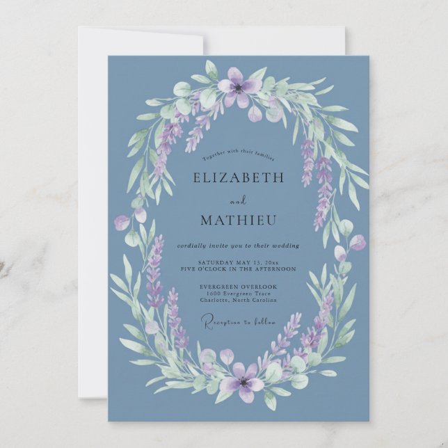 Invitation Mariage Floral Éthéré Bleu Poussiéreux (Devant)