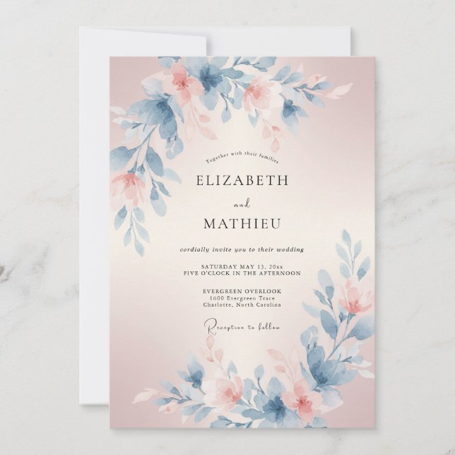 Invitation Mariage Floral Éthéré Bleu Rosé (Devant)