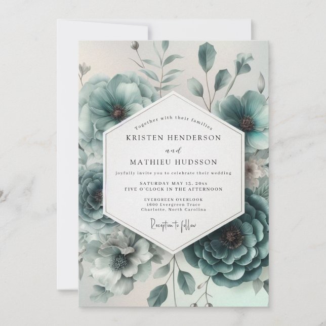 Invitation Mariage Floral Ethéré Bleu Turquoise (Devant)
