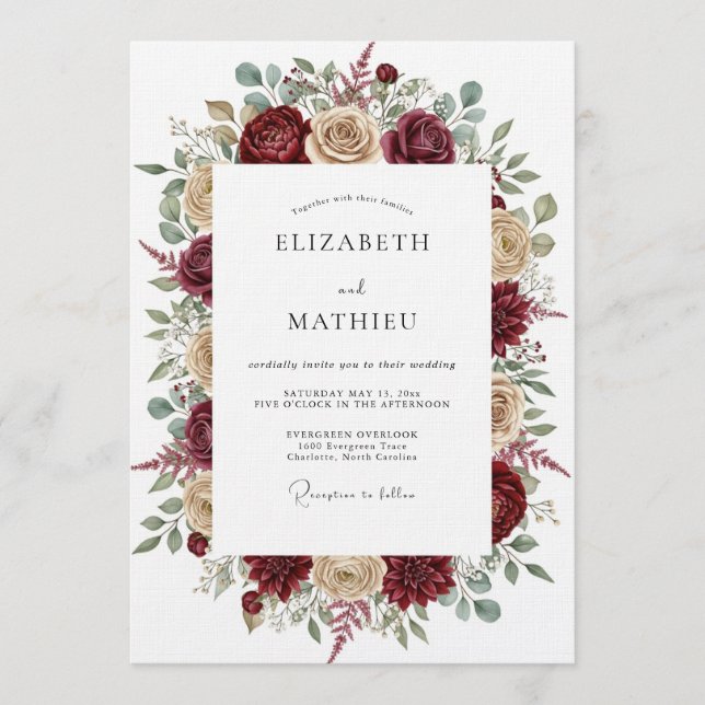 Invitation Mariage Floral Éthéré Bourgogne (Devant)