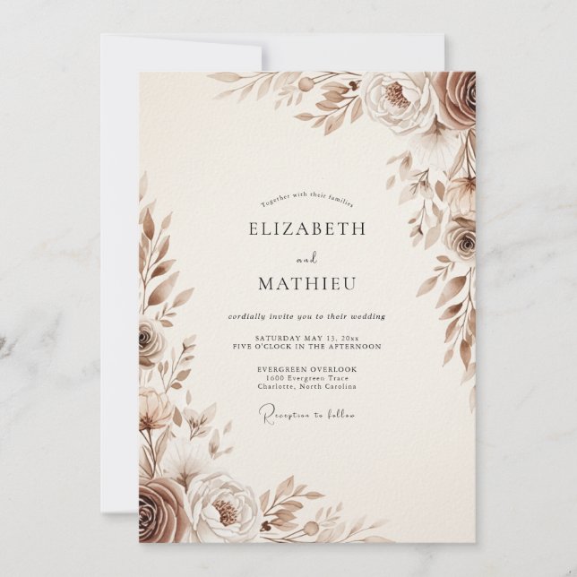 Invitation Mariage Floral Éthéré Brun (Devant)