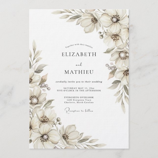 Invitation Mariage Floral Éthéré Crème (Devant)
