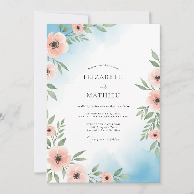 Invitation Mariage Floral Éthéré de Pêche (Devant)