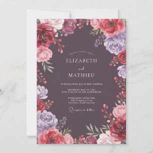 Invitation Mariage Floral Éthéré de Prune Profonde