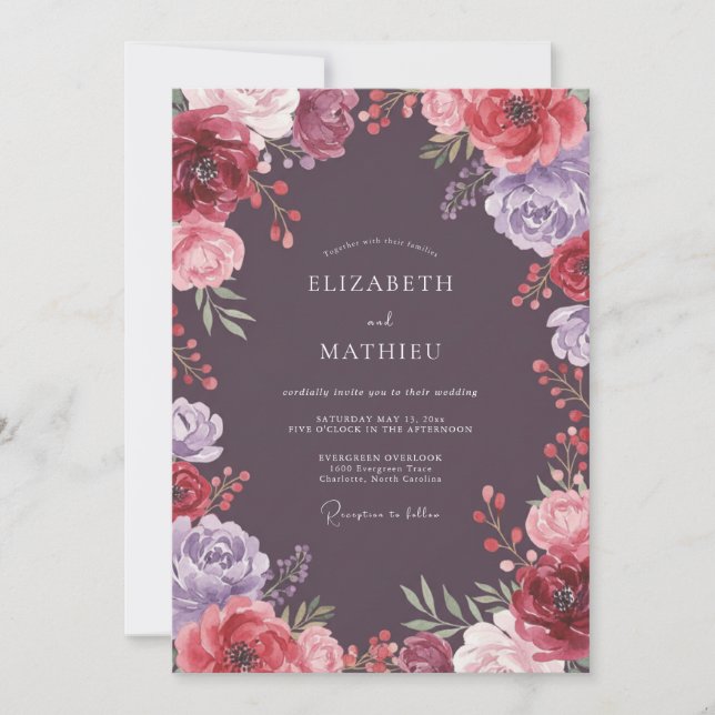 Invitation Mariage Floral Éthéré de Prune Profonde (Devant)