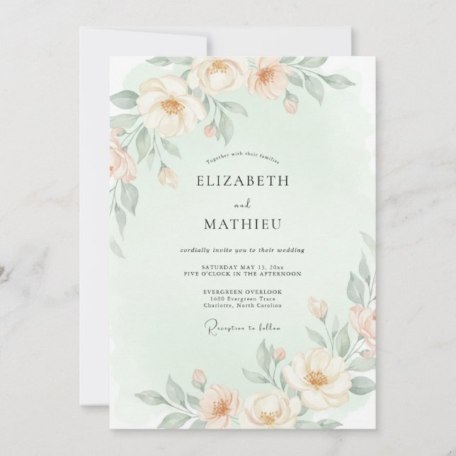 Invitation Mariage Floral Éthéré de Teinte Pêche Pâle (Devant)