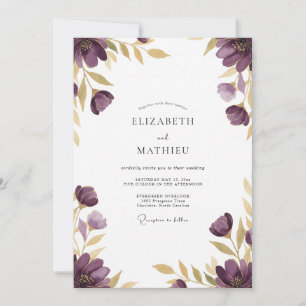 Invitation Mariage Floral Éthéré Doré Prune