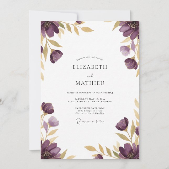 Invitation Mariage Floral Éthéré Doré Prune (Devant)