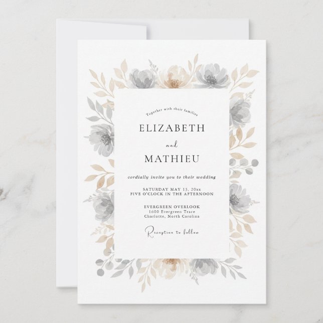 Invitation Mariage Floral Éthéré Gris Botanique (Devant)