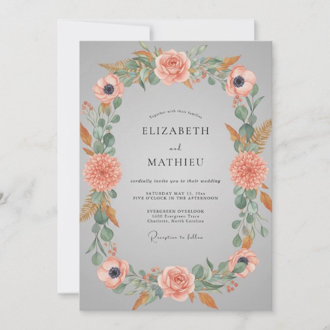 Invitation Mariage Floral Éthéré Gris et Pêche (Devant)
