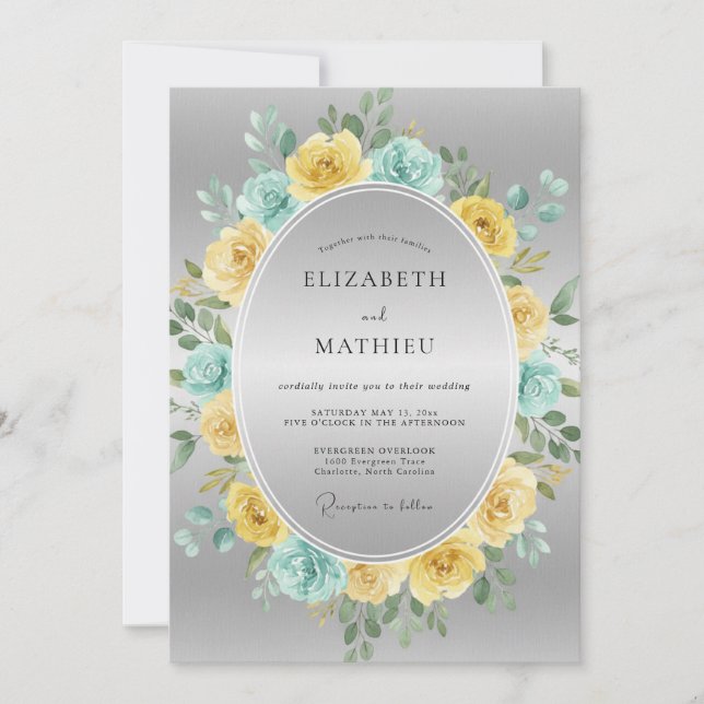 Invitation Mariage Floral Éthéré Jaune Aqua (Devant)