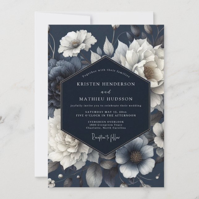 Invitation Mariage Floral Éthéré Navy (Devant)