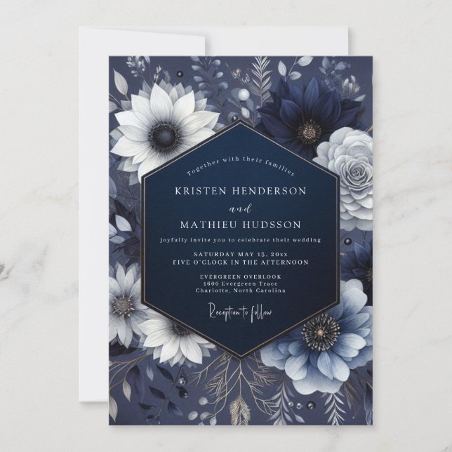 Invitation Mariage Floral Éthéré Navy (Devant)