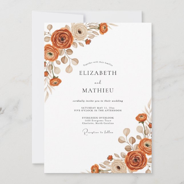 Invitation Mariage Floral Éthéré Orange Brûlé (Devant)