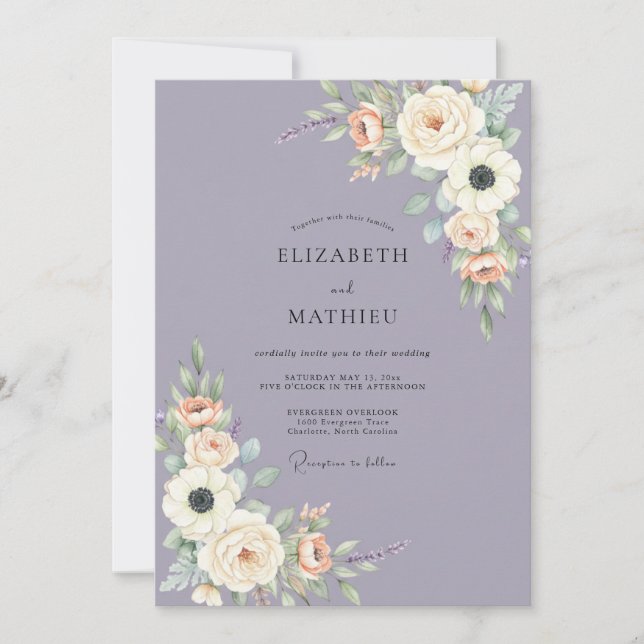 Invitation Mariage Floral Éthéré Pervenche (Devant)