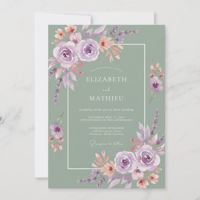 Invitation Mariage Floral Ethéré Pourpre Sage (Devant)