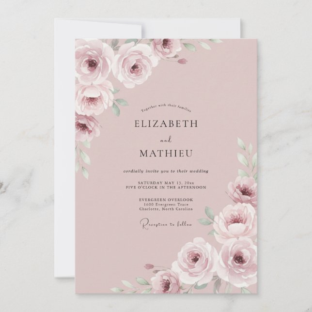 Invitation Mariage Floral Éthéré Rose (Devant)