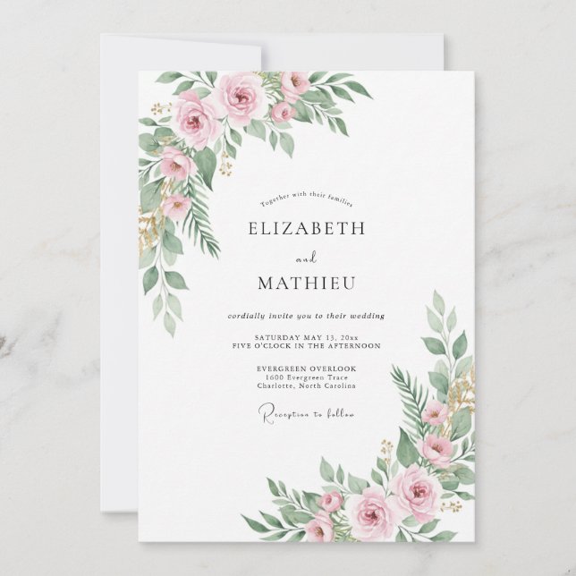 Invitation Mariage Floral Éthéré Rose Pâle (Devant)