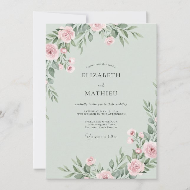 Invitation Mariage Floral Éthéré Rose Sage (Devant)
