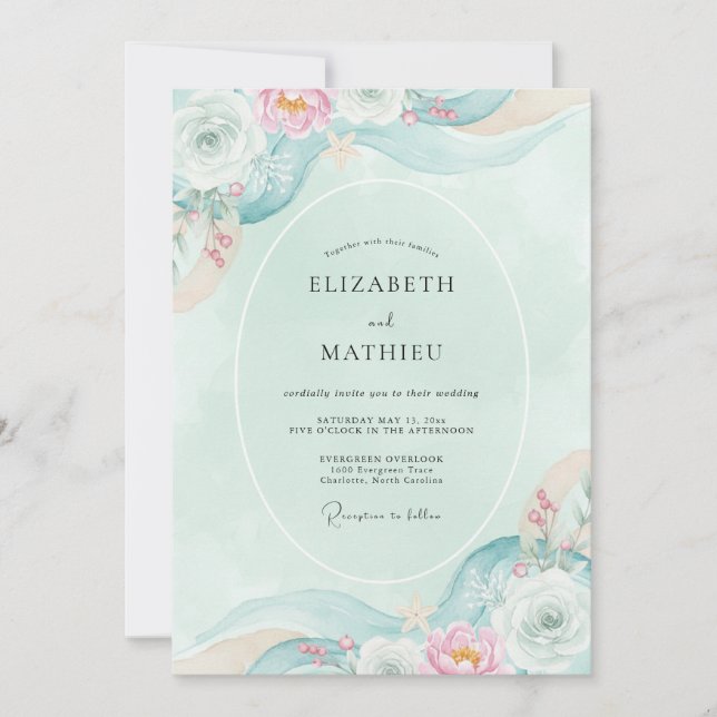 Invitation Mariage Floral Éthéré Sarcelle (Devant)